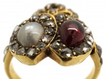 Victorian 18ct Gold Natural Pearl & Garnet Double Heart Ring