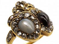 Victorian 18ct Gold Natural Pearl & Garnet Double Heart Ring