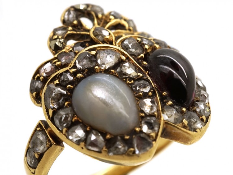 Victorian 18ct Gold Natural Pearl & Garnet Double Heart Ring