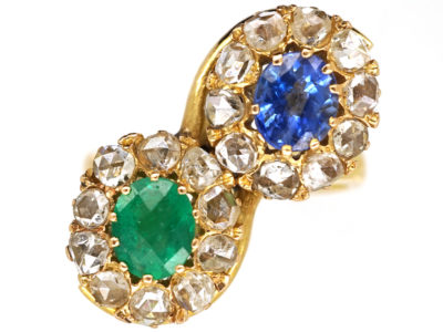 Russian Emerald, Sapphire & Rose Diamond Double Cluster Ring