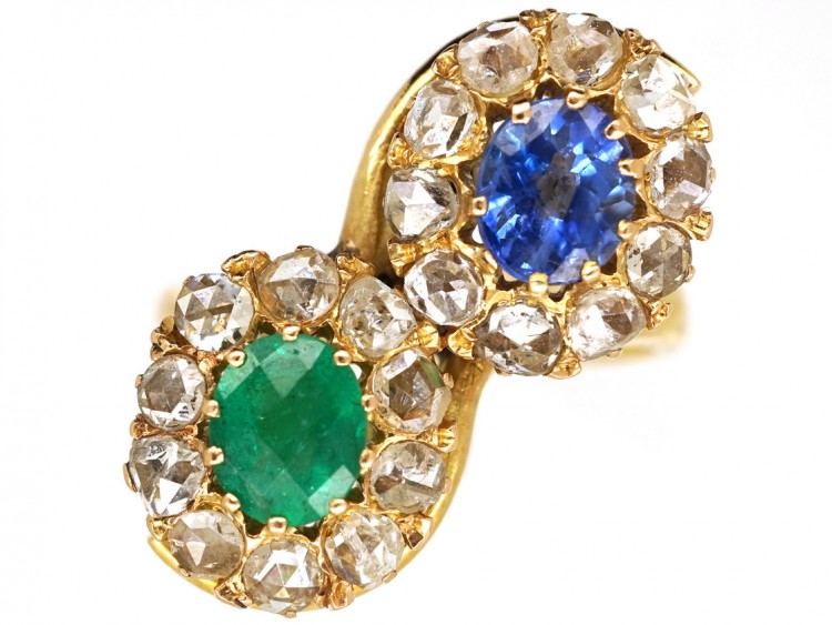 Russian Emerald, Sapphire & Rose Diamond Double Cluster Ring
