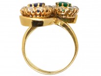 Russian Emerald, Sapphire & Rose Diamond Double Cluster Ring