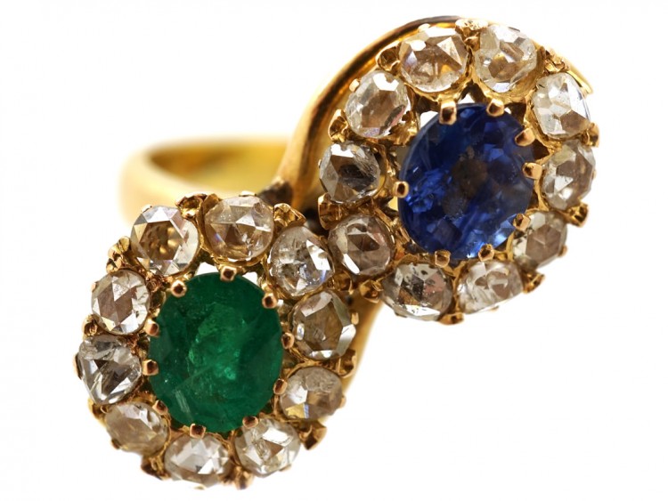 Russian Emerald, Sapphire & Rose Diamond Double Cluster Ring