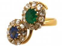 Russian Emerald, Sapphire & Rose Diamond Double Cluster Ring