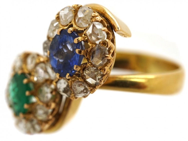 Russian Emerald, Sapphire & Rose Diamond Double Cluster Ring
