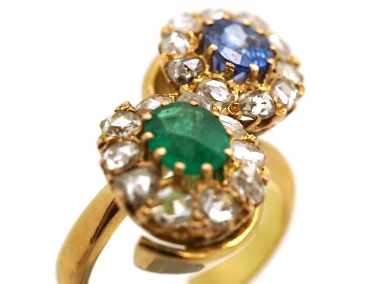 Russian Emerald, Sapphire & Rose Diamond Double Cluster Ring