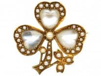 Edwardian 15ct Gold Three Leaf Clover Moonstone ​& Split Pearl Brooch