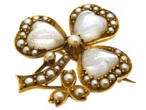 Edwardian 15ct Gold Three Leaf Clover Moonstone ​& Split Pearl Brooch