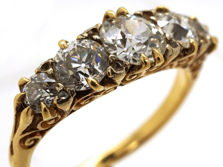 Victorian 18ct Gold Carved Half Hoop Five Stone Diamond Ring