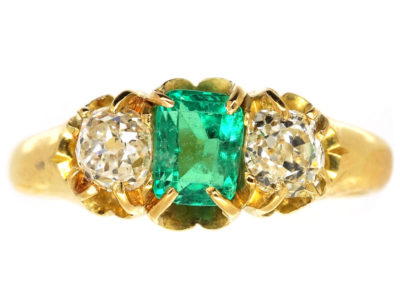 Victorian 18ct Gold, Emerald ​& Diamond Three Stone Ring
