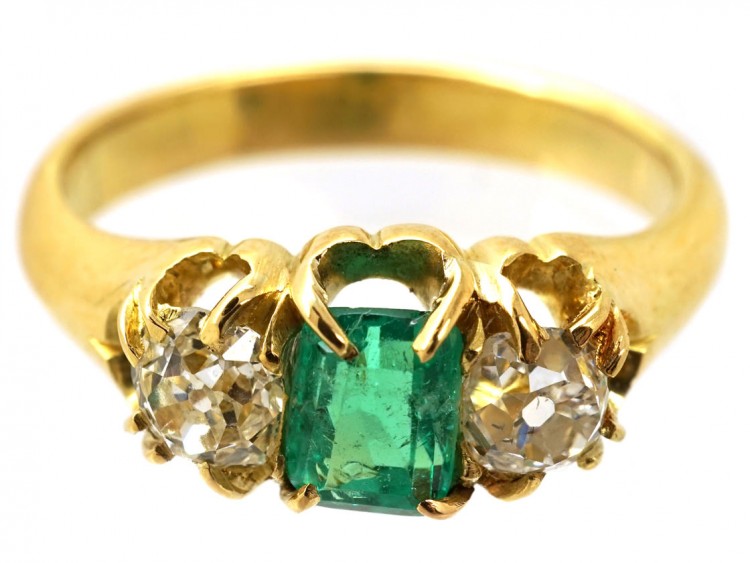 Victorian 18ct Gold, Emerald ​& Diamond Three Stone Ring
