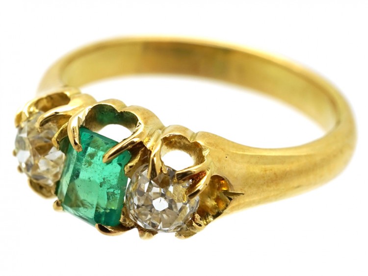 Victorian 18ct Gold, Emerald ​& Diamond Three Stone Ring
