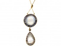 Art Deco Large 15ct Gold & Moonstone ​& Sapphire Pendant on 15ct Gold Chain