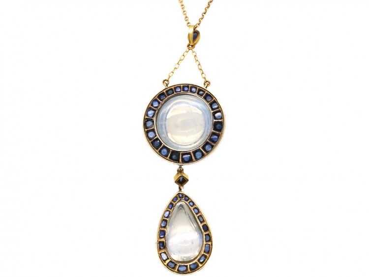 Art Deco Large 15ct Gold & Moonstone ​& Sapphire Pendant on 15ct Gold Chain