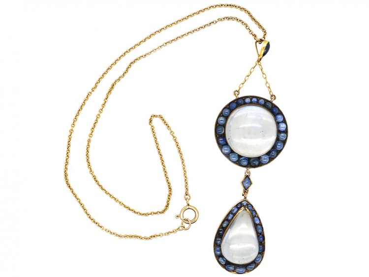 Art Deco Large 15ct Gold & Moonstone ​& Sapphire Pendant on 15ct Gold Chain