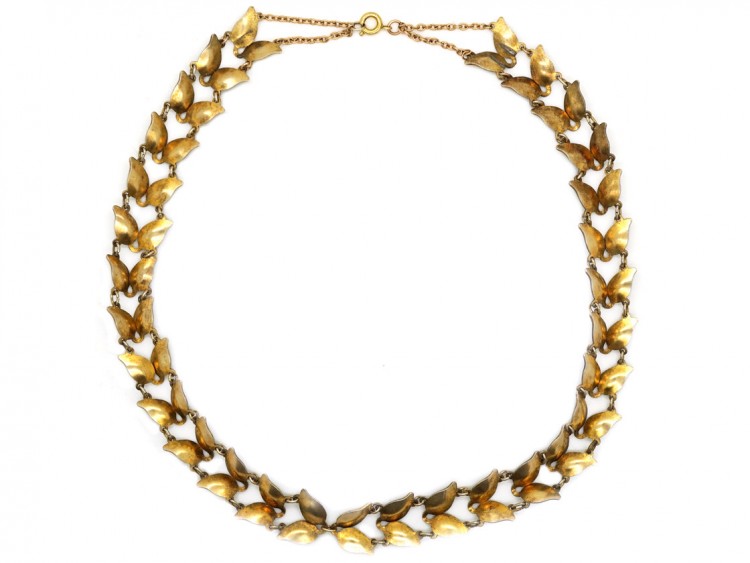 Silver Gilt Green Enamel Laurel Leaf Design Necklace