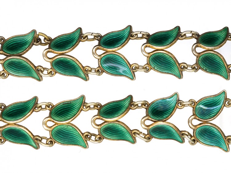 Silver Gilt Green Enamel Laurel Leaf Design Necklace