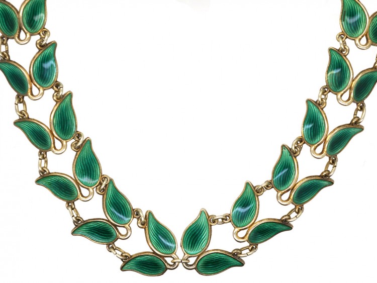 Silver Gilt Green Enamel Laurel Leaf Design Necklace