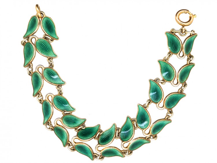 Silver Gilt Green Enamel Laurel Leaf Design Bracelet