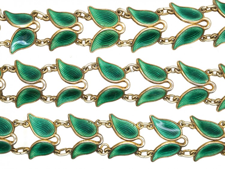 Silver Gilt Green Enamel Laurel Leaf Design Necklace