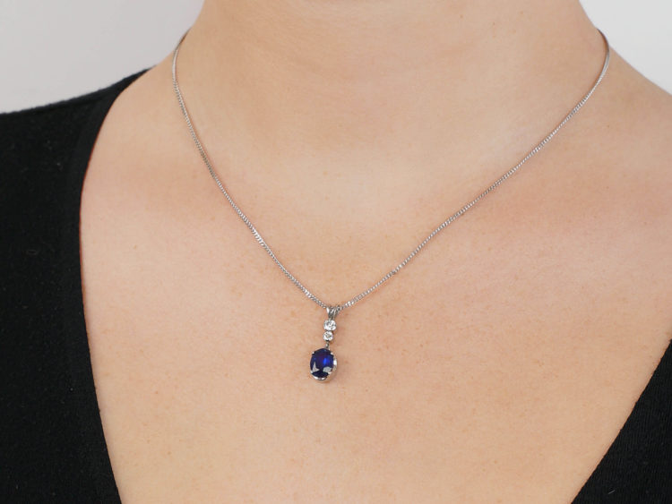 Sapphire & Diamond Drop Pendant on 18ct White Gold Chain