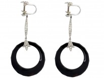 Art Deco Onyx ​& Diamond Platinum Drop Hoop Earrings