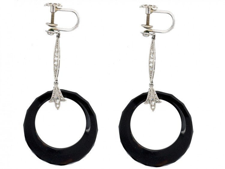Art Deco Onyx ​& Diamond Platinum Drop Hoop Earrings