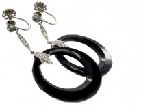 Art Deco Onyx ​& Diamond Platinum Drop Hoop Earrings