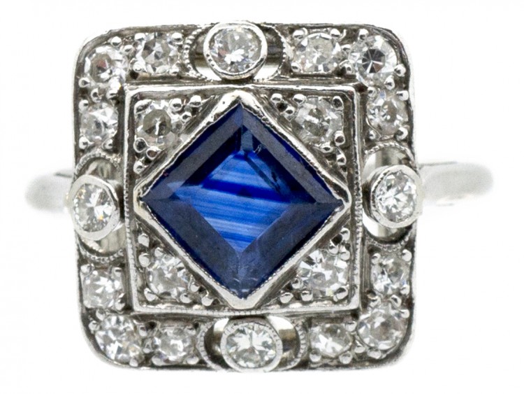 Art Deco Platinum ​& Natural Burmese Square Sapphire Ring