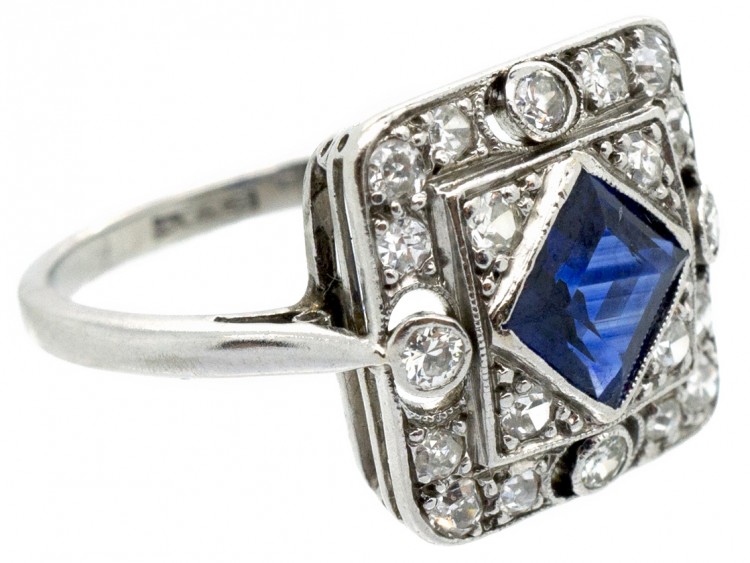 Art Deco Platinum ​& Natural Burmese Square Sapphire Ring