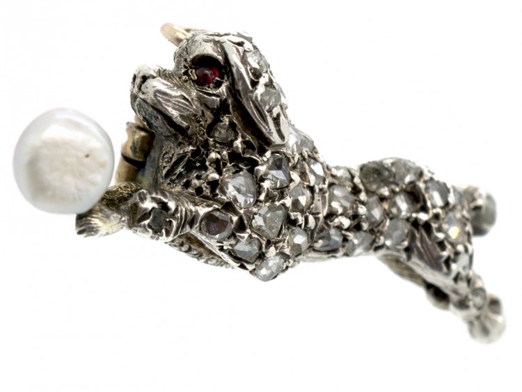 Victorian Diamond Poodle Chasing Ball Novelty Brooch