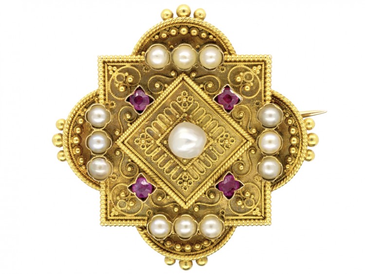 Victorian 18ct Gold Cannetille Work Brooch Set With Rubies & Natural Pearls