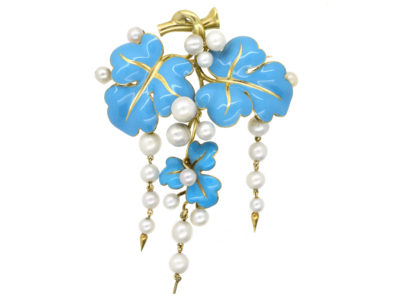 Victorian 18ct Gold, Turquoise Enamel & Pearls Brooch
