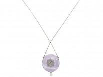 Edwardian Pale Mauve Enamel, Diamond & Pearl Pendant On Platinum Chain