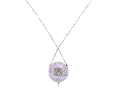 Edwardian Pale Mauve Enamel, Diamond & Pearl Pendant On Platinum Chain