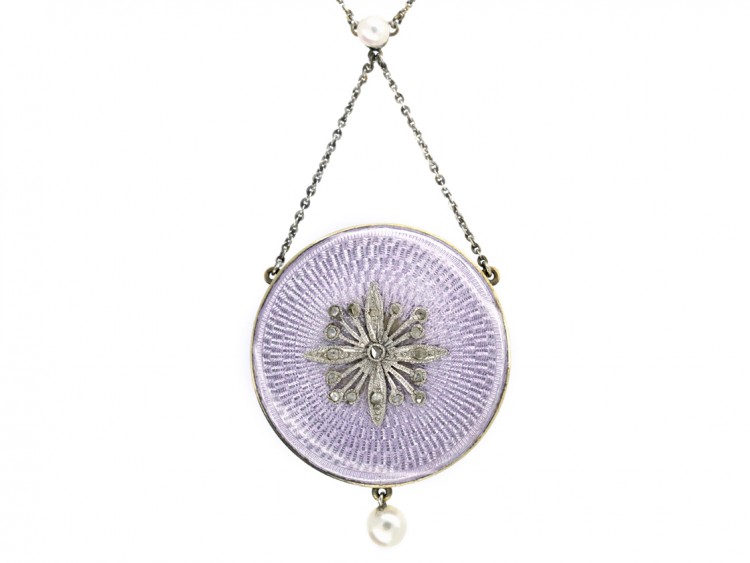 Edwardian Pale Mauve Enamel, Diamond & Pearl Pendant On Platinum Chain