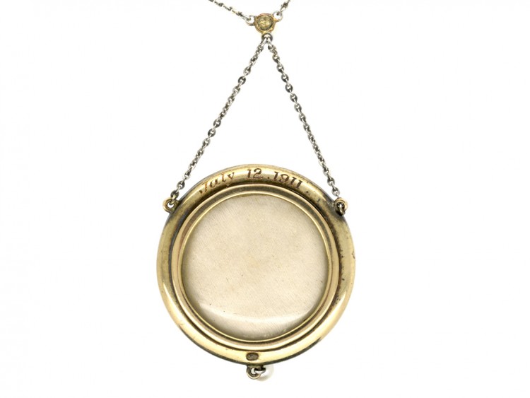 Edwardian Pale Mauve Enamel, Diamond & Pearl Pendant On Platinum Chain