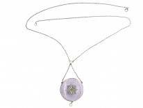 Edwardian Pale Mauve Enamel, Diamond & Pearl Pendant On Platinum Chain