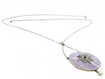 Edwardian Pale Mauve Enamel, Diamond & Pearl Pendant On Platinum Chain
