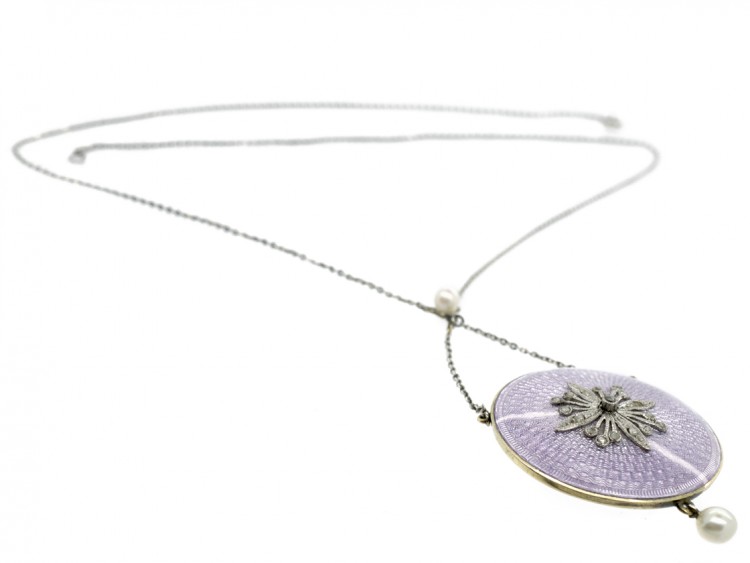 Edwardian Pale Mauve Enamel, Diamond & Pearl Pendant On Platinum Chain