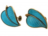 Silver Gilt ​& Blue Enamel Leaf Earrings by Hans Myhre
