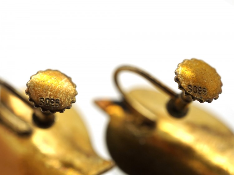 Silver Gilt ​& Blue Enamel Leaf Earrings by Hans Myhre