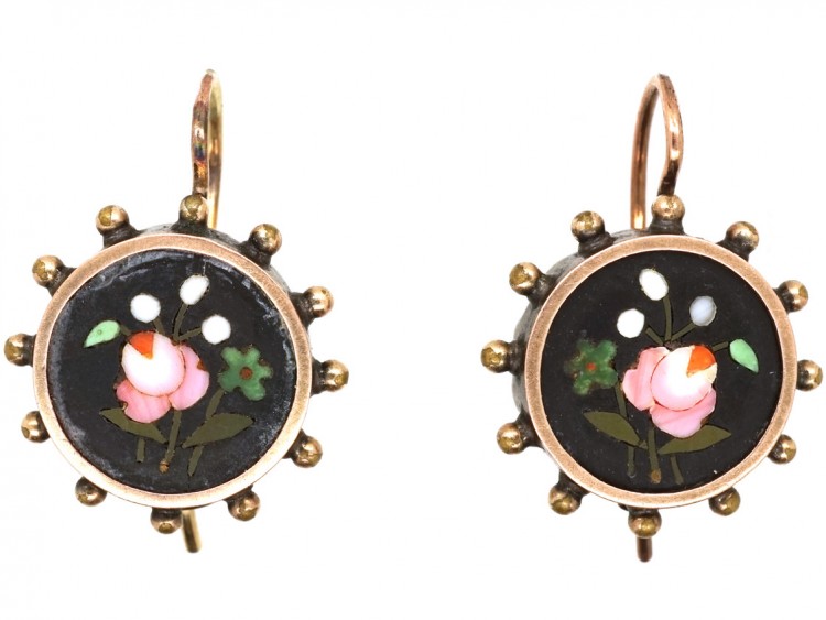 Victorian Silver ​& Gold Pietra Dura Earrings