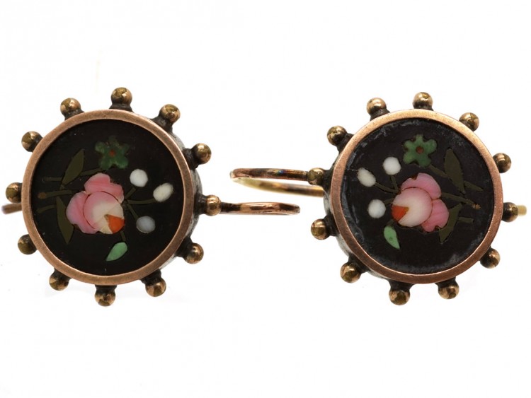Victorian Silver ​& Gold Pietra Dura Earrings
