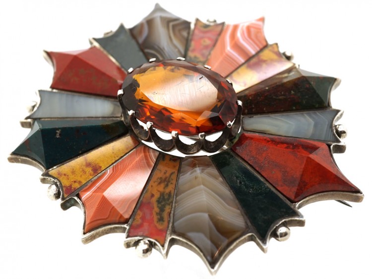 Large Victorian Silver Scottish Agate & Citrine Brooch