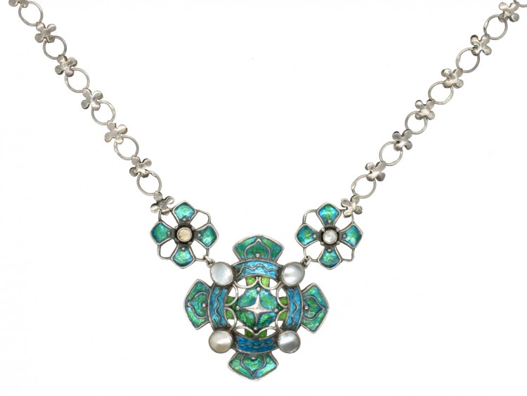 Silver, Blister Pearl & Enamel Art Nouveau Necklace Attributed to Liberty