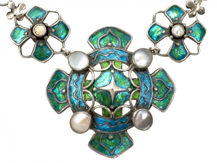 Silver, Blister Pearl & Enamel Art Nouveau Necklace Attributed to Liberty