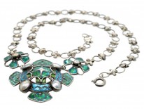 Silver, Blister Pearl & Enamel Art Nouveau Necklace Attributed to Liberty