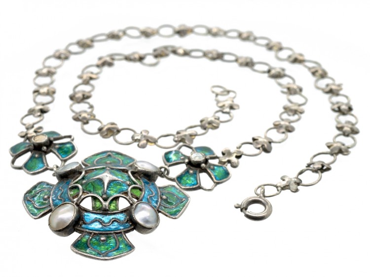 Silver, Blister Pearl & Enamel Art Nouveau Necklace Attributed to Liberty