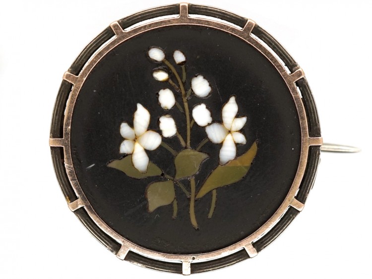 Victorian Pietra Dura Silver ​& Gold Round Brooch